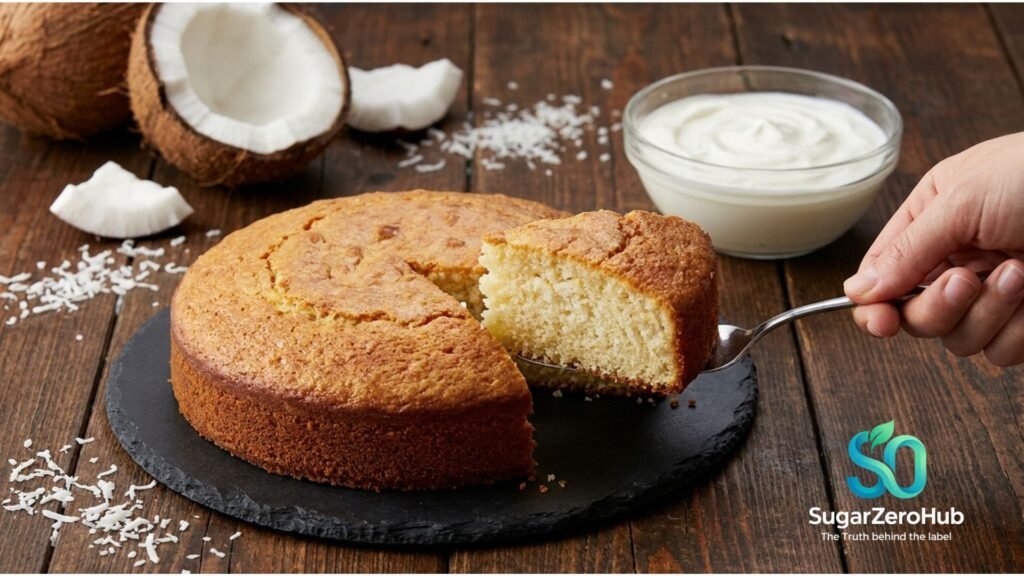 Sliced flourless coconut cake made with Greek yogurt and shredded coconut being served with a spoon on a dark table.