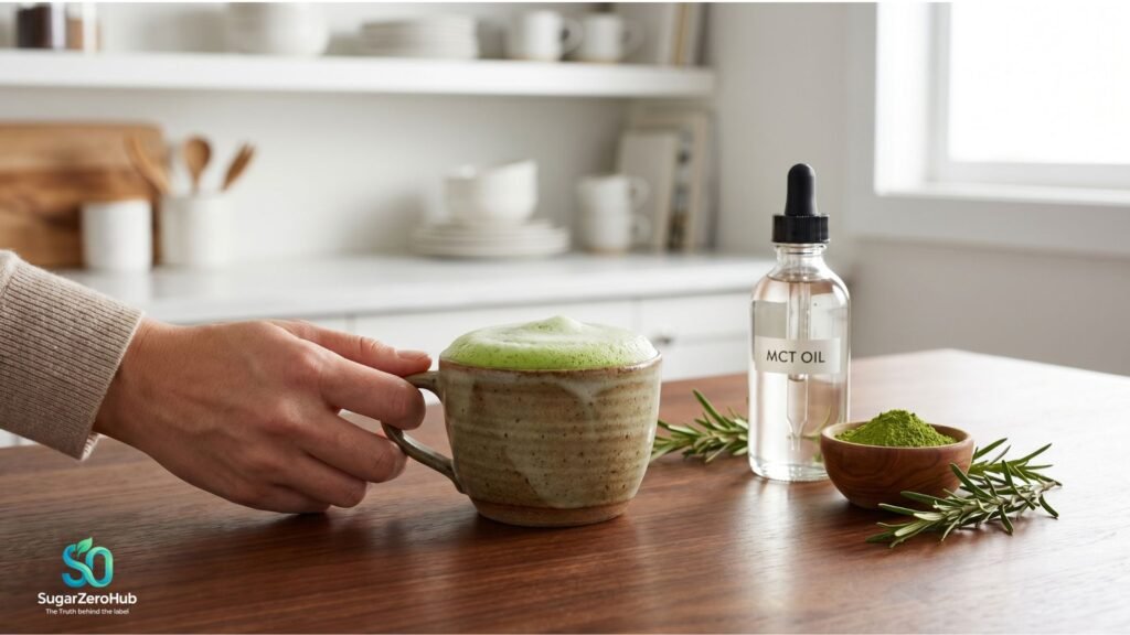 A cup of frothy green matcha elixir with rosemary and MCT oil on a dark wooden table with a hand holding the mug.