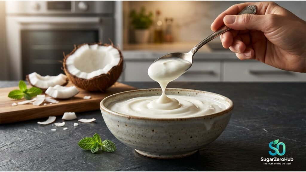 The Microbiome Shield: How True Dairy-Free Coconut Yogurt Prevents Type 2 Diabetes Thick and creamy dairy-free coconut yogurt in a ceramic bowl with a spoon lifting a scoop on a dark table surface.
