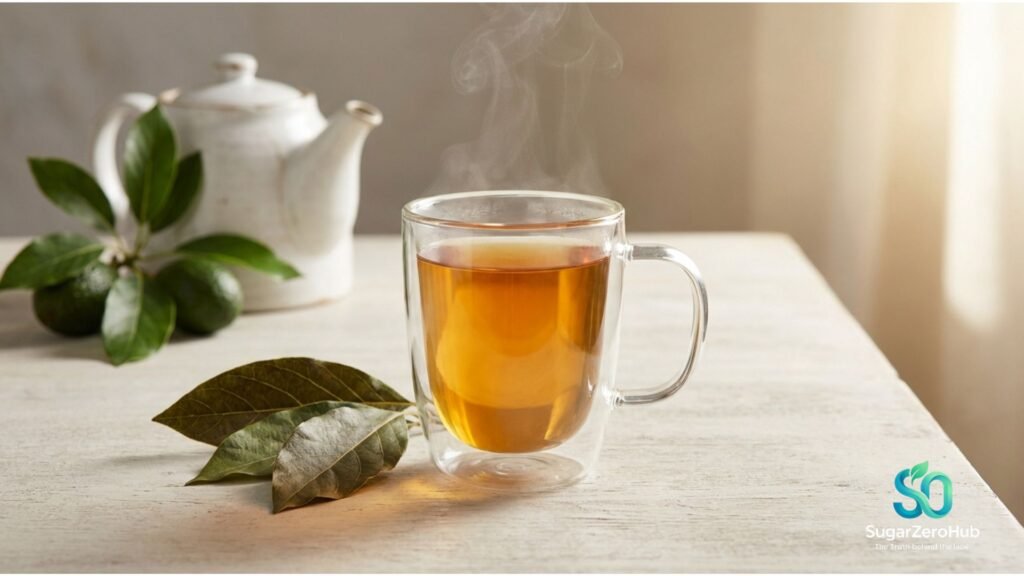 The Silent Blood Sugar Shield: The Proven Benefits of Avocado Leaf Tea A side-lit clear glass mug filled with warm amber avocado leaf tea on a wooden table, surrounded by dried avocado leaves.